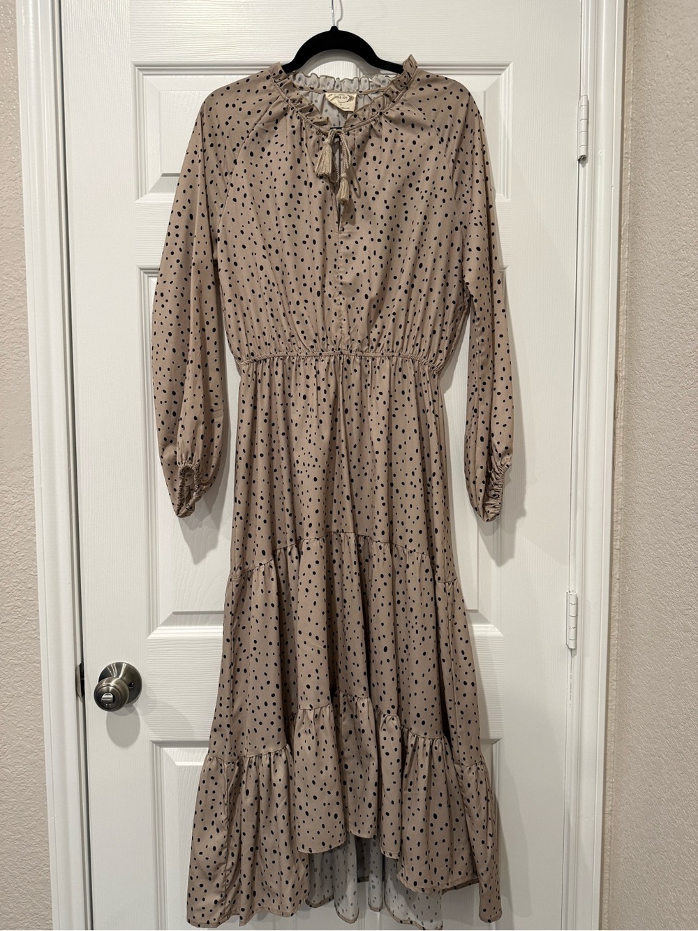 Joyfolie Taupe Polka Dot Ruffle Tie Maxi Dress